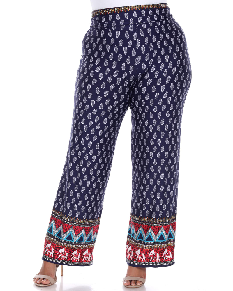 Front of a model wearing a size 3X Indian Paisley Print Palazzo Pants in Navy by White Mark. | dia_product_style_image_id:246379